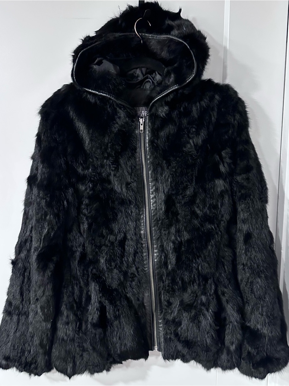 VTG Wilsons Leather Maxima Black Fur Hooded Trench Coat Jacket Women M